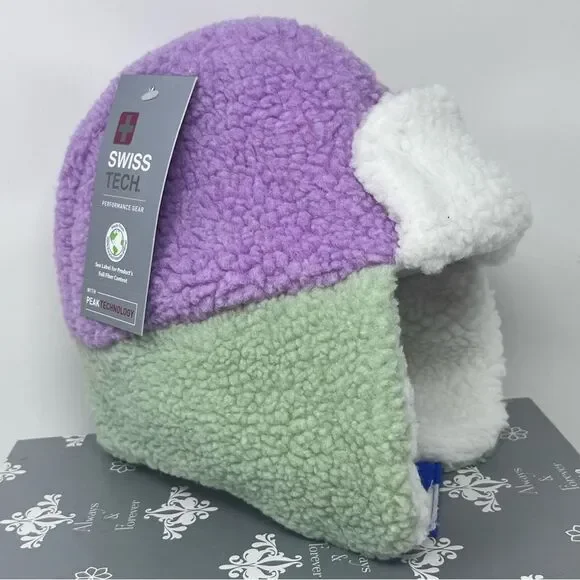 Swiss Tech Pastel Green Purple Fleece Trapper Hat NWT