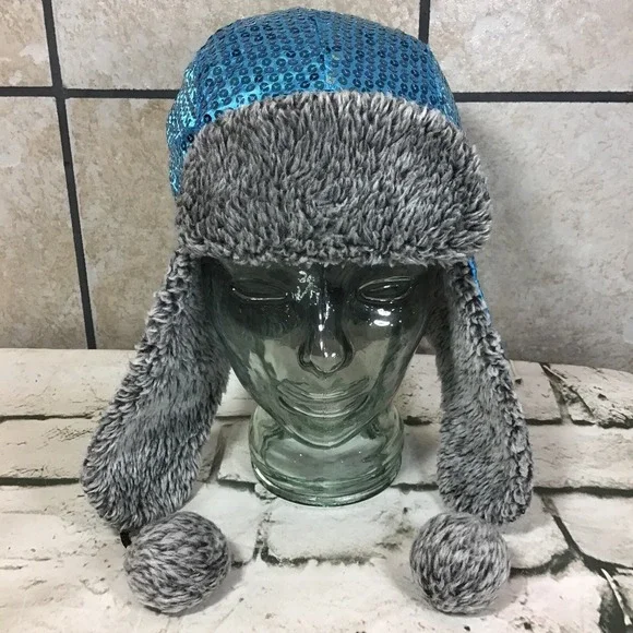 Blue Sequined Trapper‎ Cap Girls OSFM Youth 6-16Yrs Hat Warm Winter