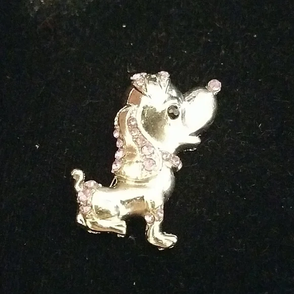 Dog Pink Rhinestone Silver Tone Pin 1.75