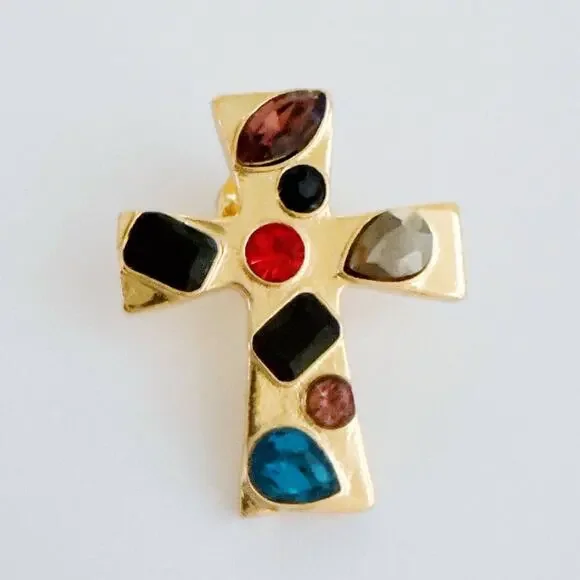 Gold-Tone Multicolor Gem Cross Brooch - Women Jewelry Brooches