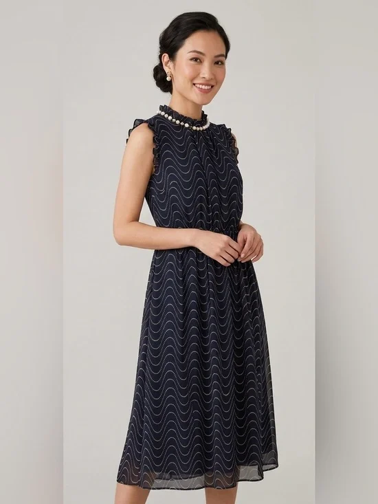 Kate Spade New York Wavy Dot Silk Midi Dress with Pearl Embellished Collar