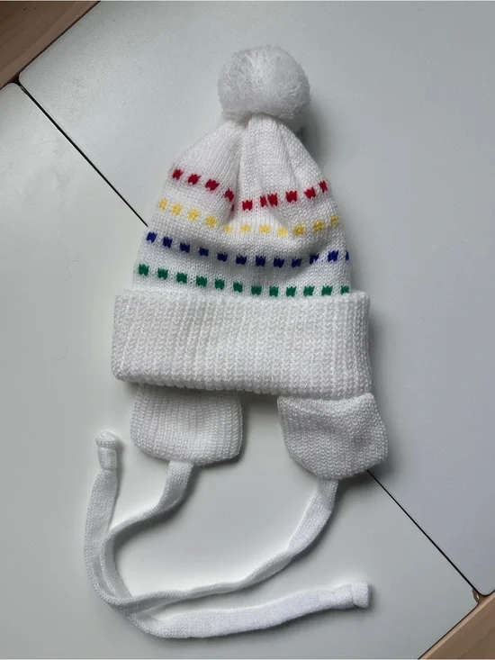 White Winter Baby Hat with Rainbow Details and Ear Flaps