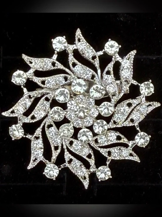 Elegant Silvertone Crystal Flower Brooch