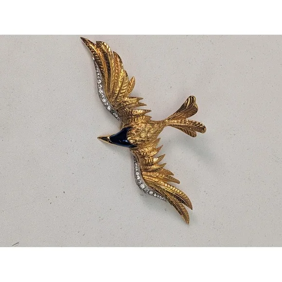 Bird Brooch Gold Tone Blue Enamel Clear Stone Wings Animal Statement Pin