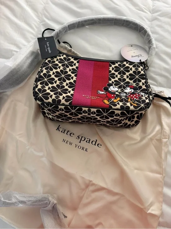 kate spade Black Floral Canvas Shoulder Bag with Red and Pink Stripe NWT