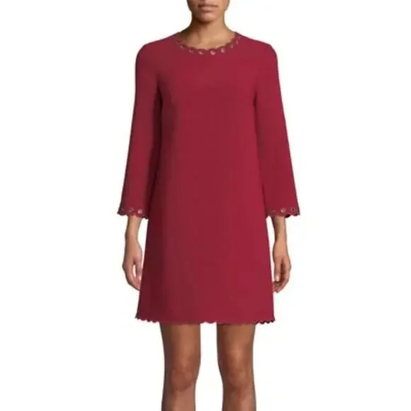 NWT Kate Spade Red Scallop Grommet 3/4 Sleeve Viscose Blend Shift Dress • Size 4
