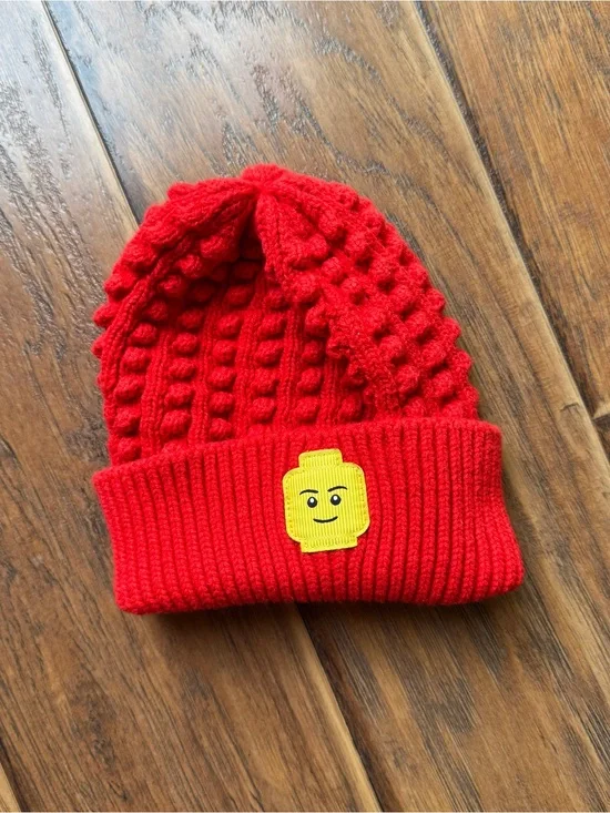 Lego Red Knit Pom-Pop Beanie with Yellow Minifigure Patch