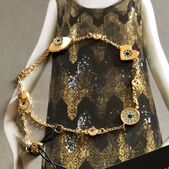 Authentic New on card kate spade evil eye Gold Crystal Station Chain Bracelet