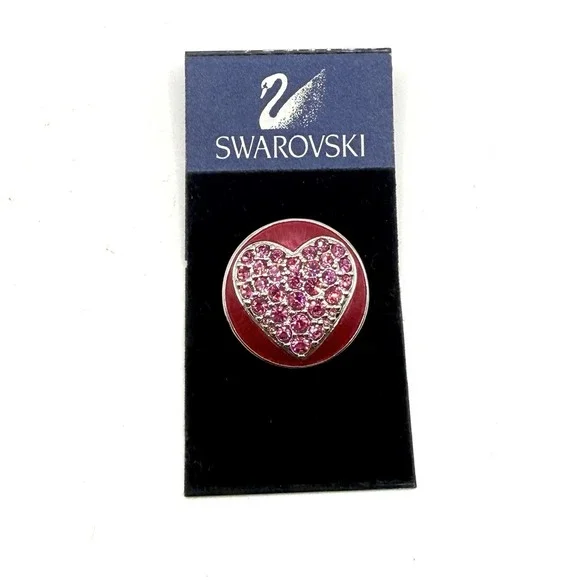 Vintage Swarovski Swan Rhinestone Red Enamel Heart Silver Tone Brooch Pin