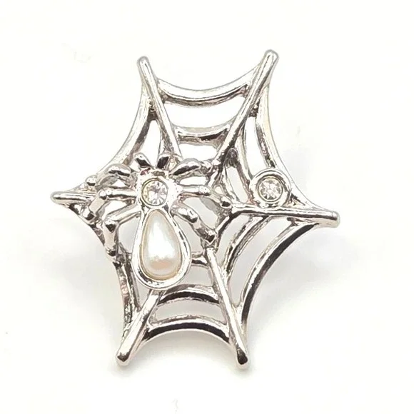 Vintage 90s Avon Silver Tone Spiderweb Pin with Faux‎ Pearl and Rhinestones