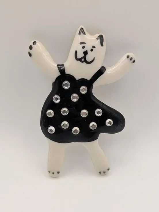 Whimsical Ceramic Dancing Cat Pin White and Black Rhinestone Polka Dot Dress