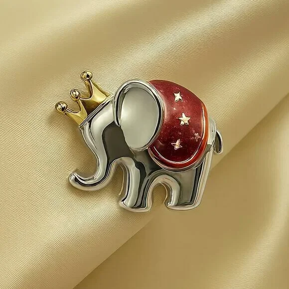 Gold Elephant Brooch with Crown – Regal Animal Pin Jewelry, Gift for Collectors