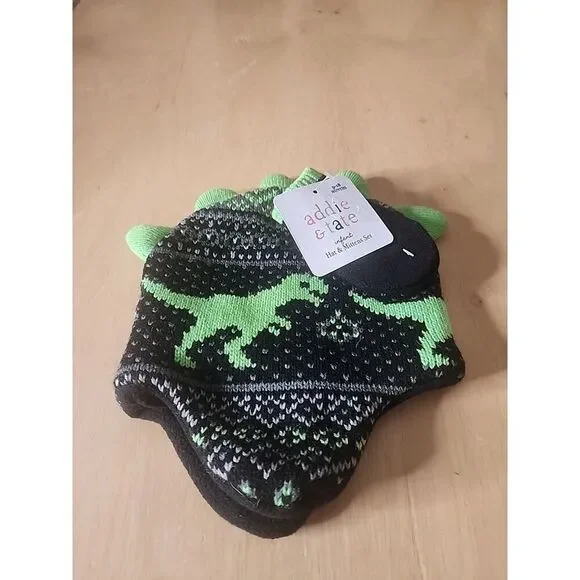 Addie & Tate Baby Boy Size 9-18 months Black & Green Dinosaur Hat & Mittens Set