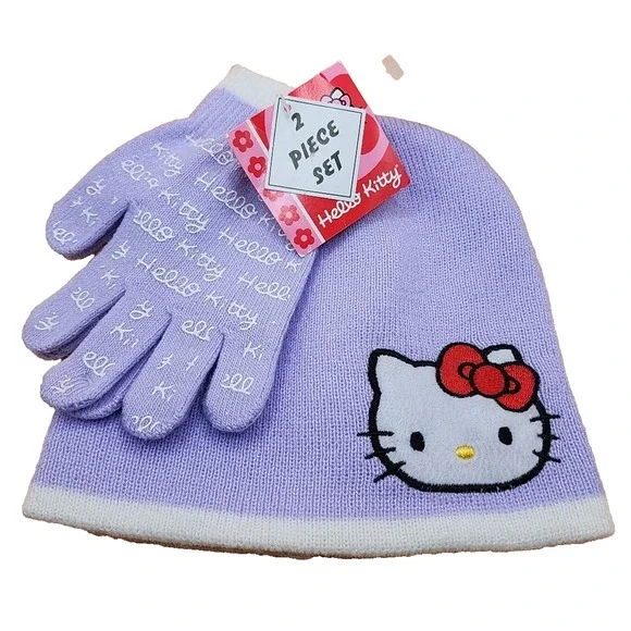 Vintage 2005 Hello Kitty Hat Lavendar Glove Set for Girls
