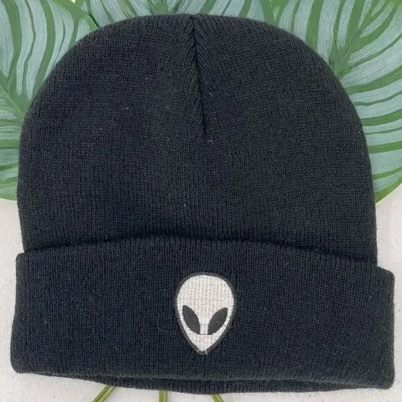 Y2K Black Silver Embroidered Alien Cuffed Knit Acrylic Stretch Youth Beanie Hat