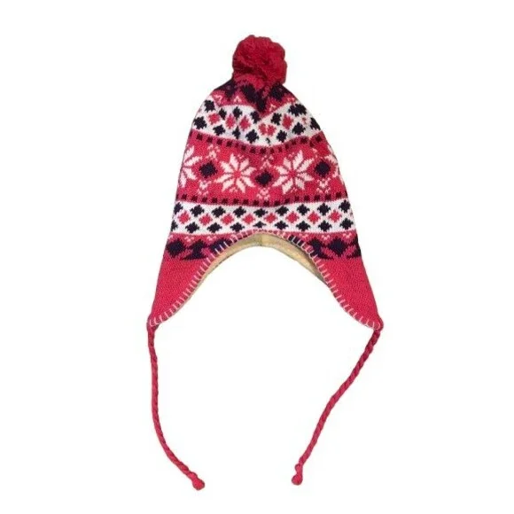 Winter Hat Pink Snowflake Knit with tassels