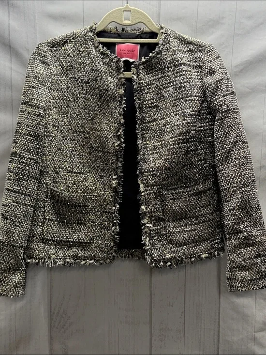 Kate Spade New York Metallic Sparkle Party Tweed Fringe Trim Open Front Jacket