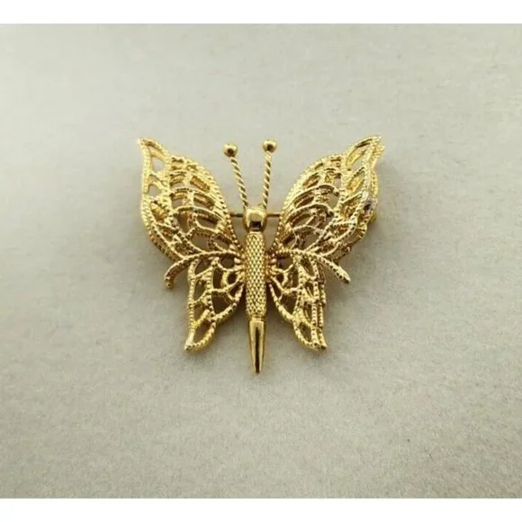Vtg MONET Gold Tone Butterfly Brooch Pin Open Work Cut Out‎ Filigree 1.5