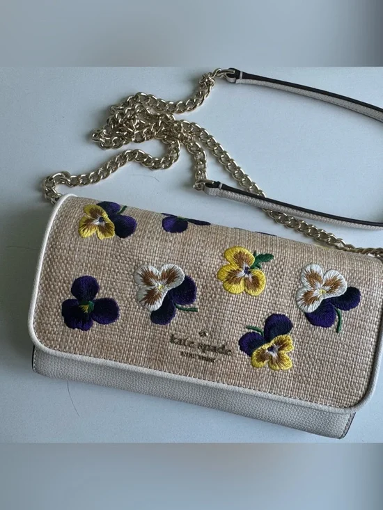 kate spade Beige Pansy Embroidered Crossbody Bag with Gold Chain