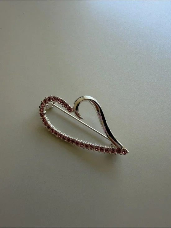 Roman Signed Silver Heart Brooch with Pink Crystal Accents