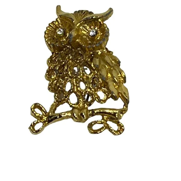 Owl Brooch Clear‎ Rhinestone Eyes Filigree Gold Tone Vintage Pin