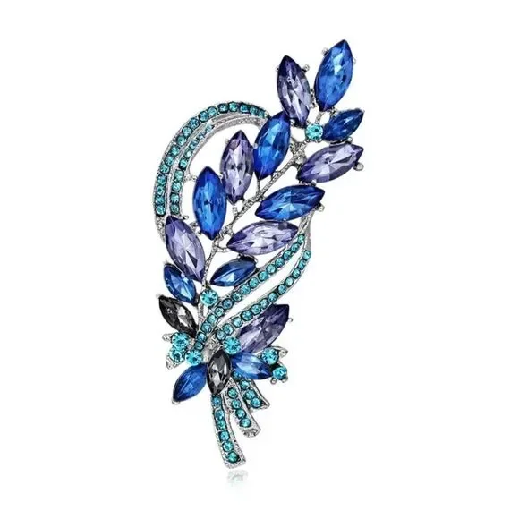 Elegant Blue & Purple Prong Set Rhinestones Large Leaf Brooch Swirl Sparkle