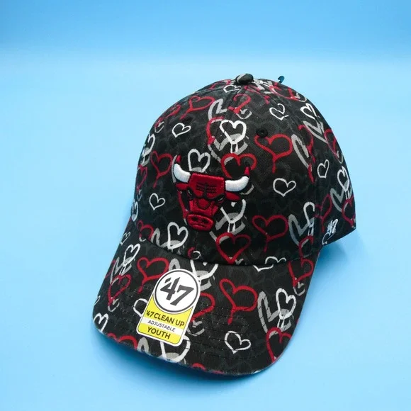 '47 Brand Cap‎ Youth Chicago Bulls Black Red Heart All Over Print Cotton Hat AOP
