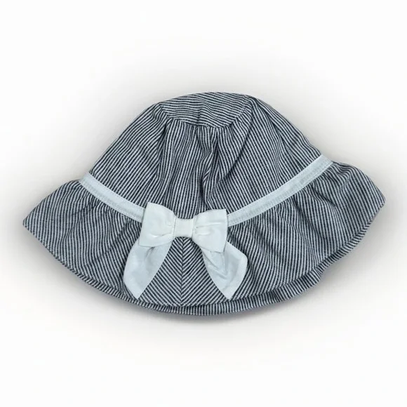 NEW Jack & Janie Bucket Hat‎ Kids 6-12 Months Blue Striped Linen Blend w/Bow