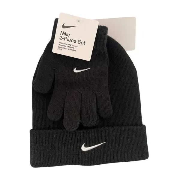 Nike Youth Black Winter 2-Piece Beanie & Gloves Set Brand New Ribbed