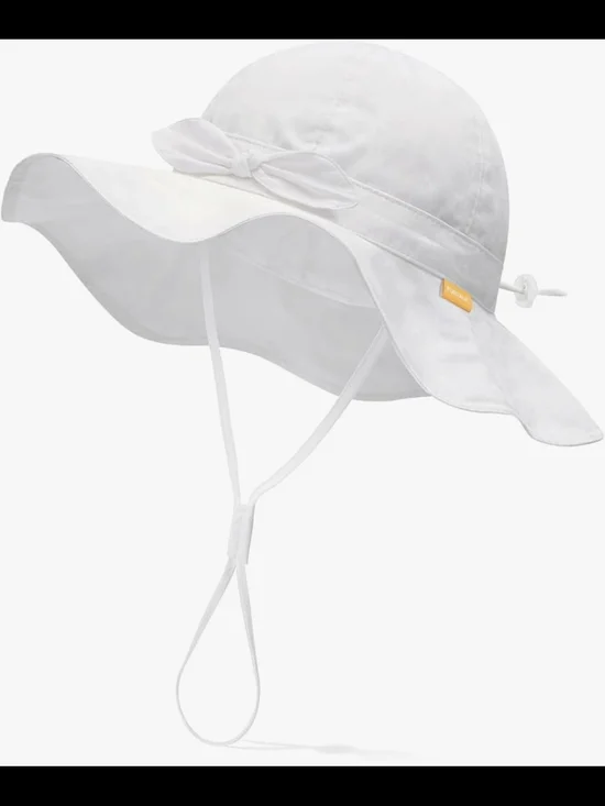 White Wide-Brim Sun Hat with Chin Strap