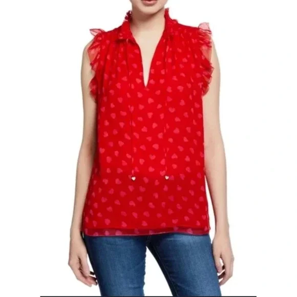 Kate Spade Red Sleeveless Top Heart Print Ruffle‎ Trim Blouse