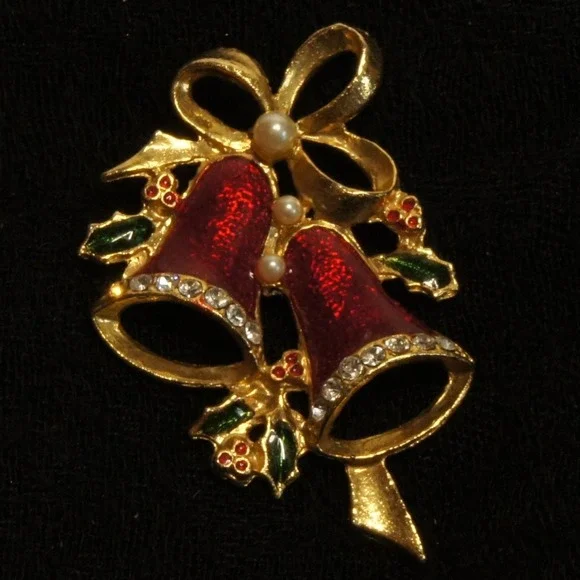 Vintage Christmas Bells‎ Brooch Red Glitter Rhinestone Pearl Gold Tone Pin