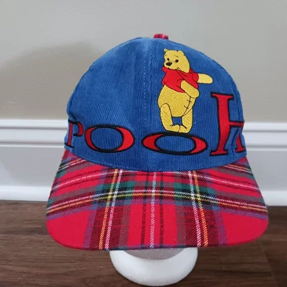 Vintage‎ Youth Winnie Pooh Embroidered Strapback Corduroy Plaid Cap Hat