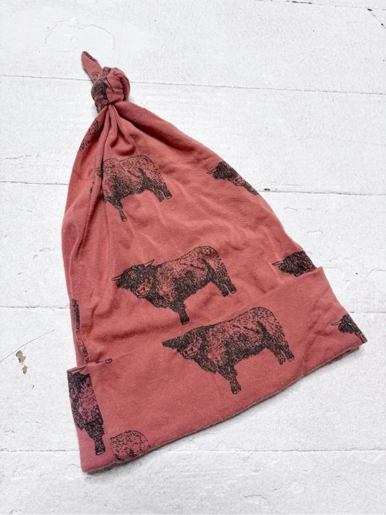 Kate Quinn Baby Knotted Hat Highland  Cow Print Bamboo Dusty Rose Size 6-12M GUC