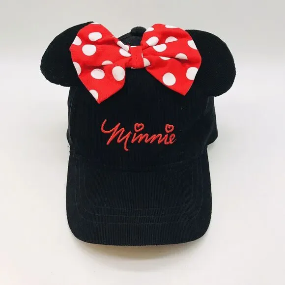 Disney Minnie Mouse Ball Cap Berkshire Fashions Black Corduroy Hat with Ears Bow