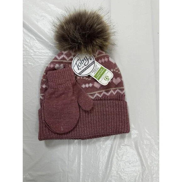 Toby And Me Pink Knitted Winter Beanie Hat with Mittens Infant Girls