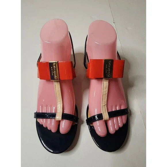 Kate Spade New York Patent Leather T-Strap Sandals Womens 7 Red Navy Bow Accent