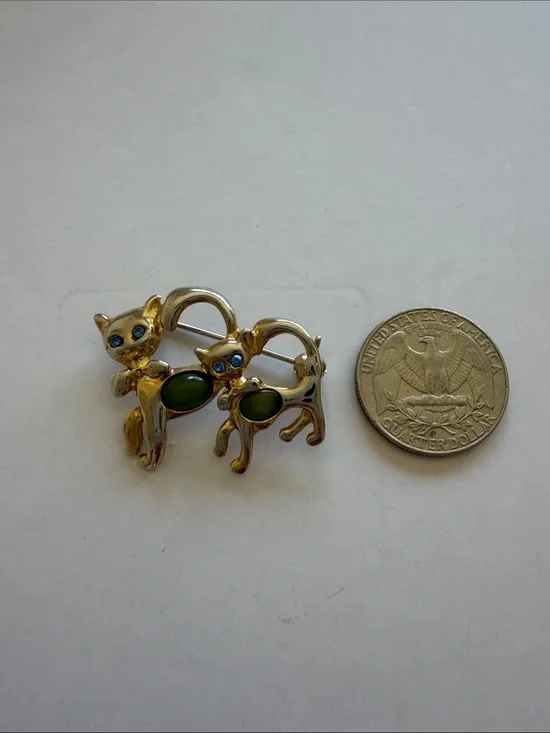Vintage Cat Brooch with Green Cabochons and Blue Eyes