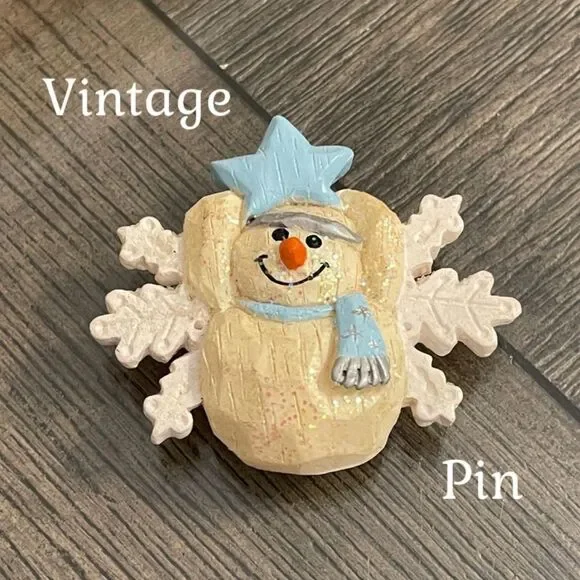 Vintage Charming Cream Snowman & Snowflake Pin with Blue Accents Holiday Brooch