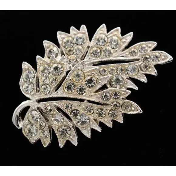 Ora Vintage Crystal Leaf Pin Brooch Rhinestone Silver Sparkling Signed 40s Bin5A