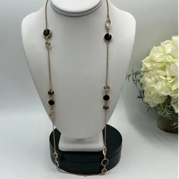 Kate Spade Rose Gold Station Bezel Crystals‎ & Black Enamel Long Necklace 32