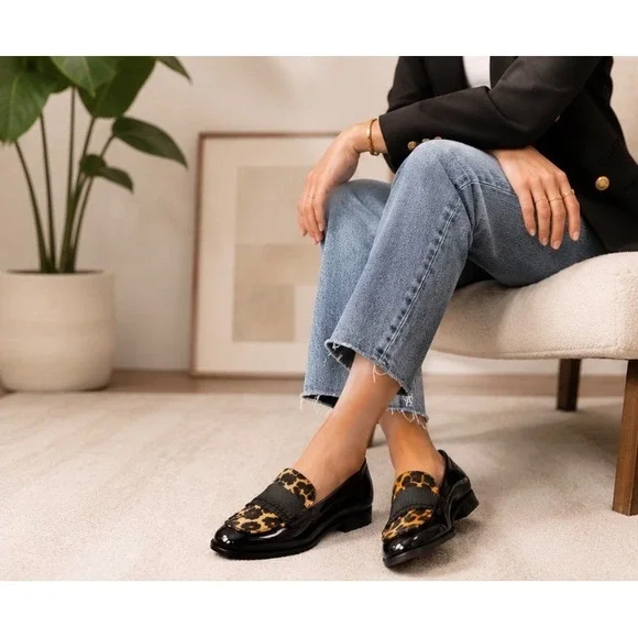 Kate Spade New York Black Patent Leather‎ Leopard Fringe Loafers Womens Size 7M