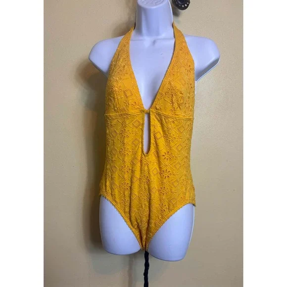 Kate Spade One Piece Swimsuit‎ Size Med Yellow Embroidered Halter Eyelet Plunge