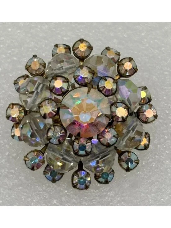 Vintage Domed Crystal Aurora Borealis Starburst Brooch Open Back Frame, Unsigned