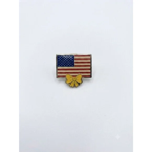 Vintage US American Flag Lapel Pin Yellow Bow Patriotic Enamel Brooch Gold Tone