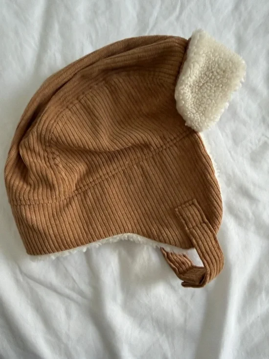 Kids Brown Corduroy Sherpa-Lined Trapear Hat 6-12months