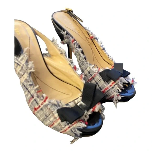 Kate Spade Tweed Bow Slingback Heels‎ Peep Toe Pumps Size 6 B Made in Italy