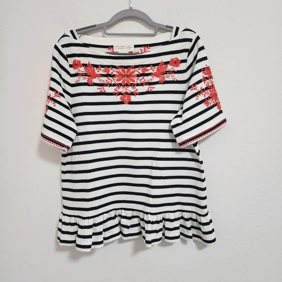 Kate Spade Broome Street Black White Striped Embroidered Ruffle Hem Top Size‎ Lg