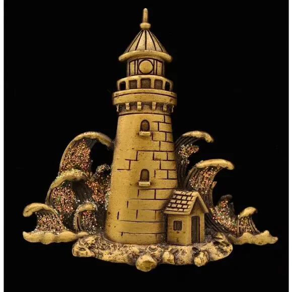 JJ Vintage Lighthouse Pin Brooch Glitter Beach Waves Bronze Signed 1980s BinAH