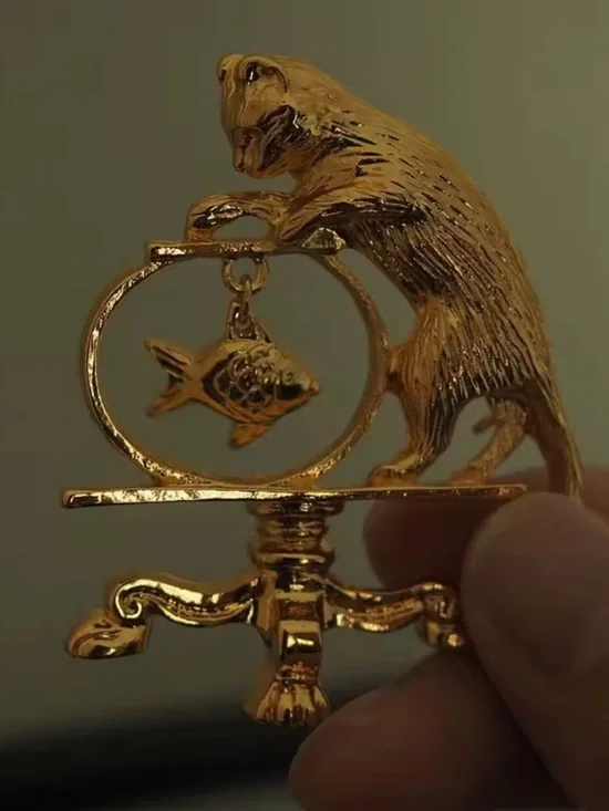 Anthropologie Gold Cat and Fish Brooch
